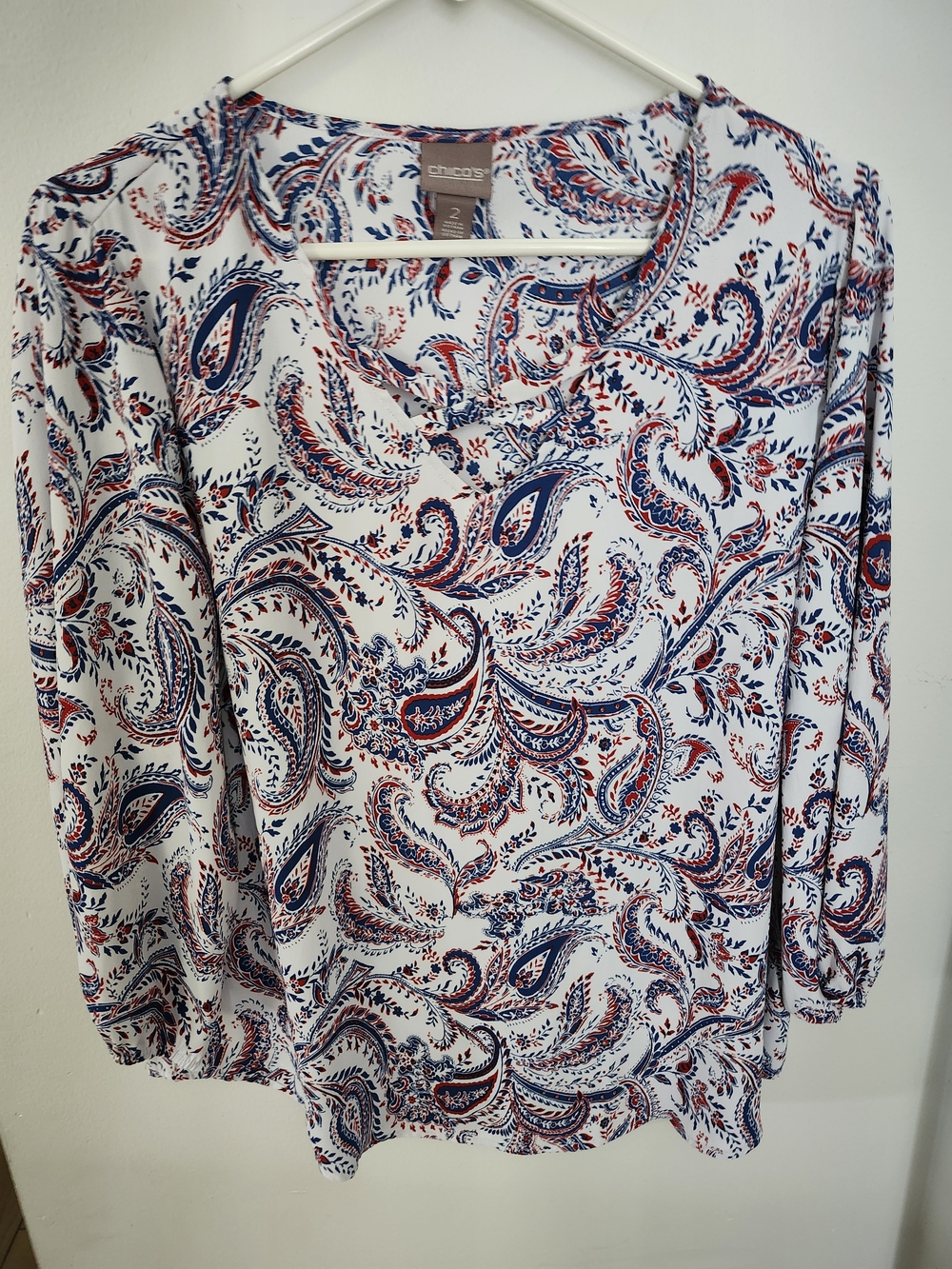Chico's White Paisley V-Neck Blouse with Navy & Red Print